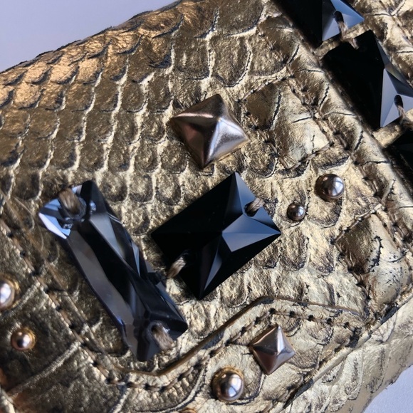 Vintage Juicy Couture Gold Metallic Leather Black Crystals Silver Stud Wallet - Picture 4 of 12